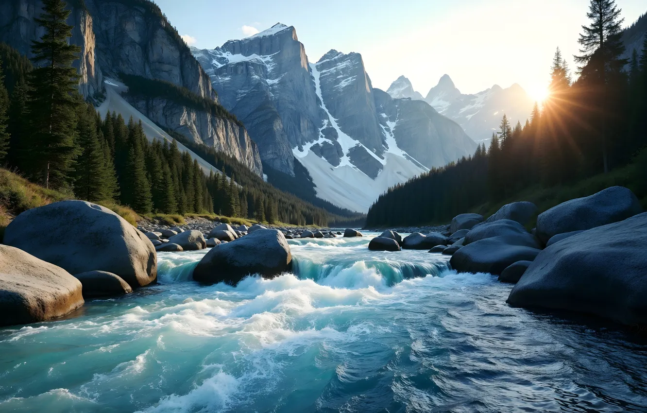 Photo wallpaper forest, the sun, mountains, river, stones, for, AI art, neural network