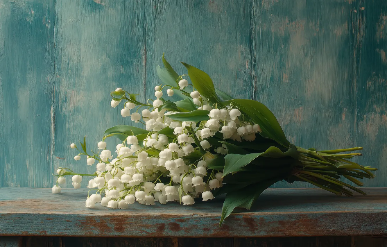 Photo wallpaper flowers, Board, bouquet, spring, white, lilies of the valley, blue background, AI art
