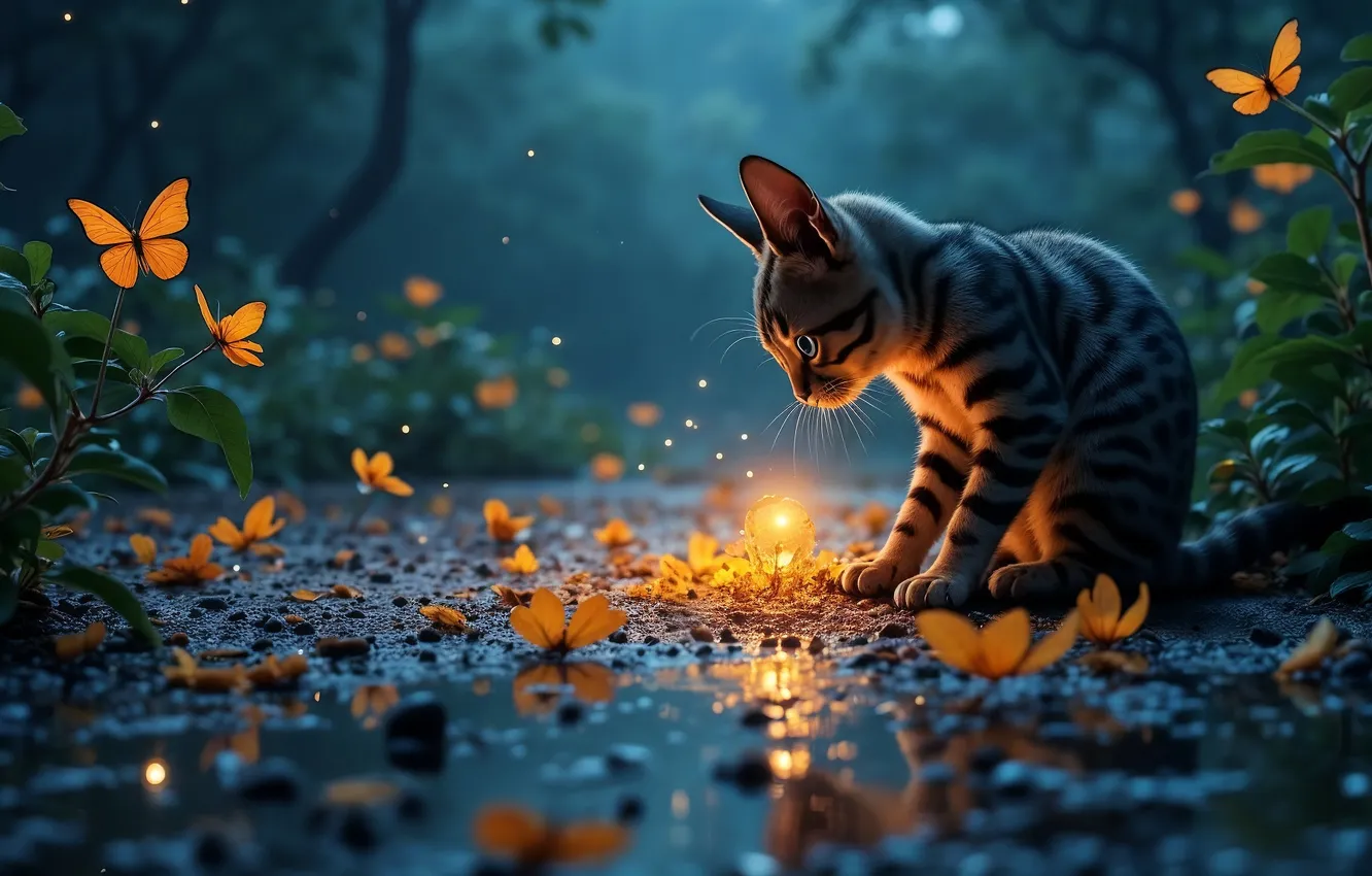 Photo wallpaper road, cat, butterfly, lights