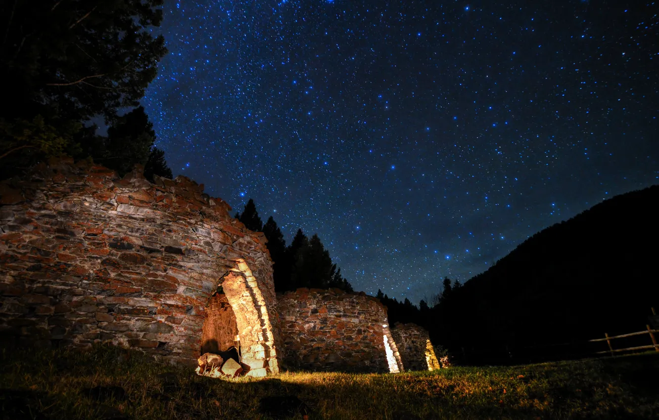 Photo wallpaper space, stars, trees, night, ruins