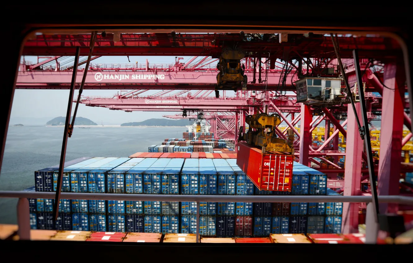 Photo wallpaper Port, Crane, The ship, A container ship, The bridge, Cargo, Container, Container