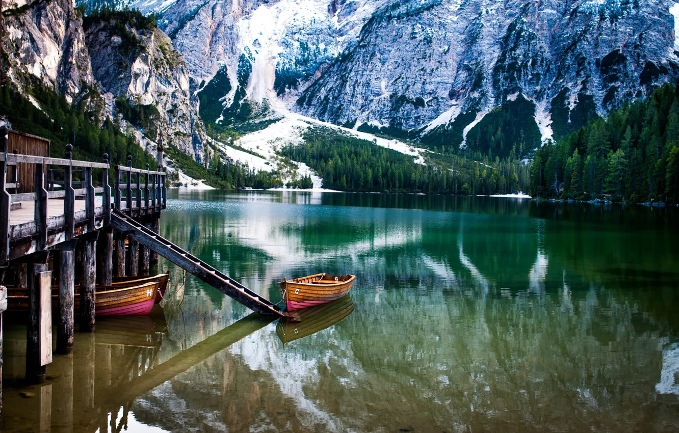 Photo wallpaper snow, landscape, mountains, nature, lake, boats, pier, Italy