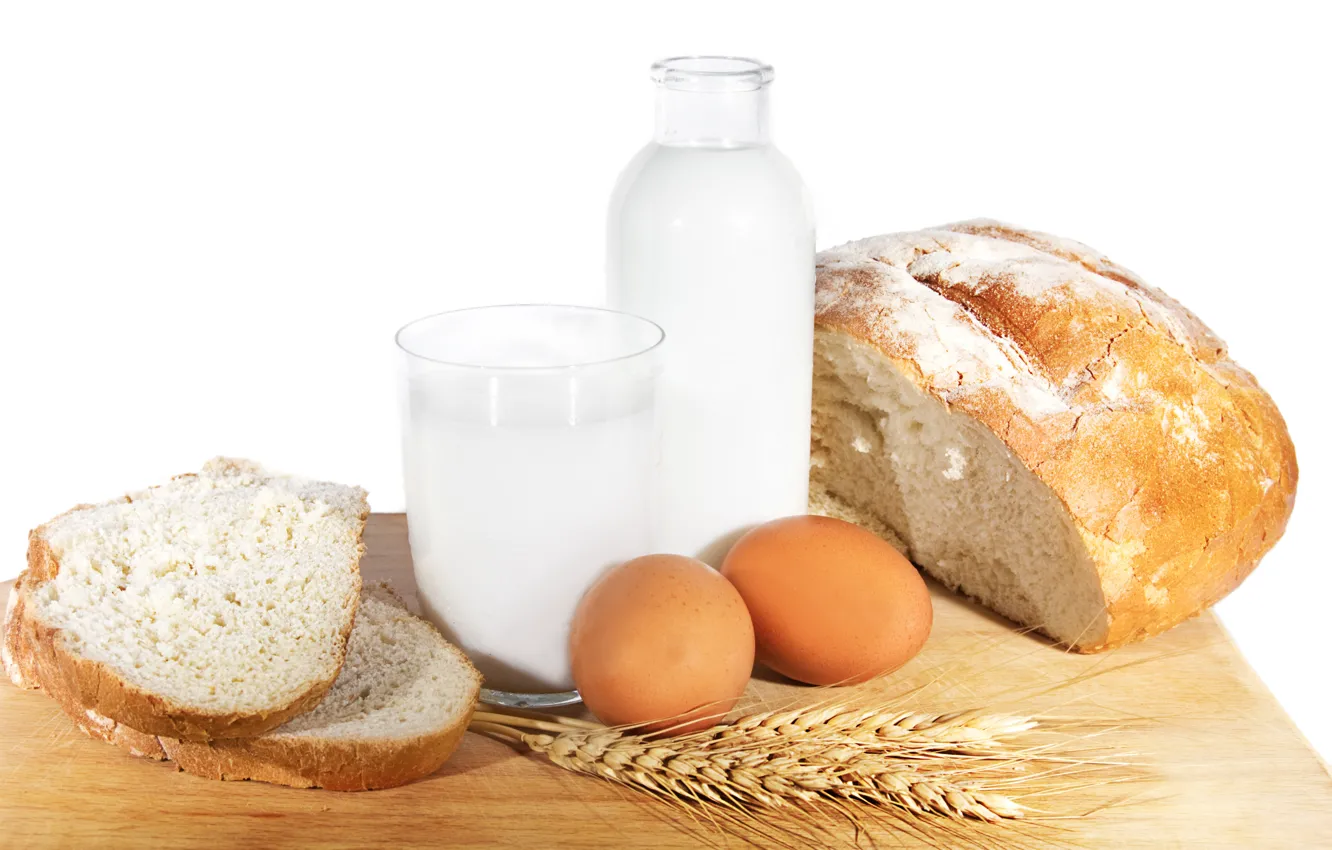 Photo wallpaper wheat, food, eggs, milk, bread, pitcher, simple food