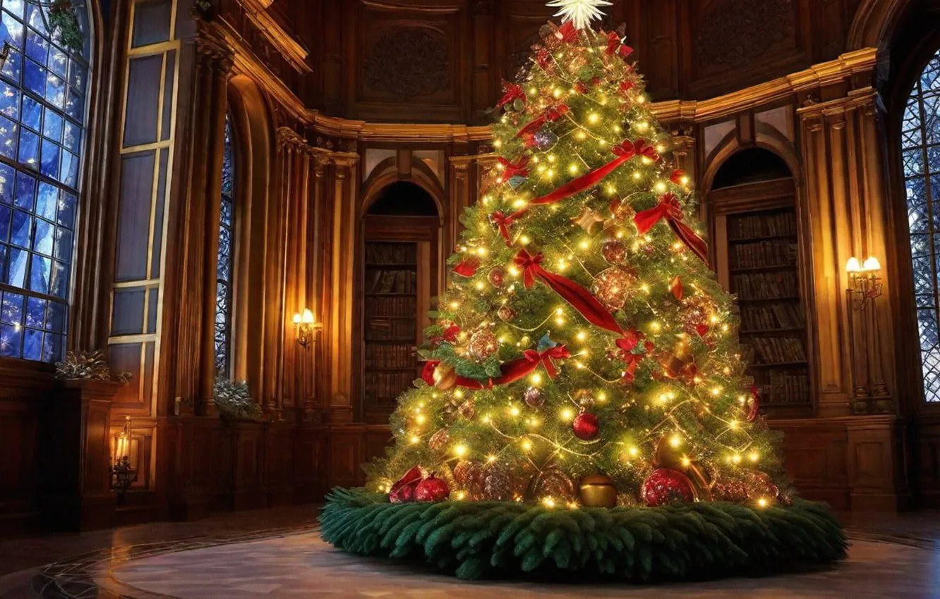 Photo wallpaper light, lights, room, new year, interior, Christmas, garland, herringbone