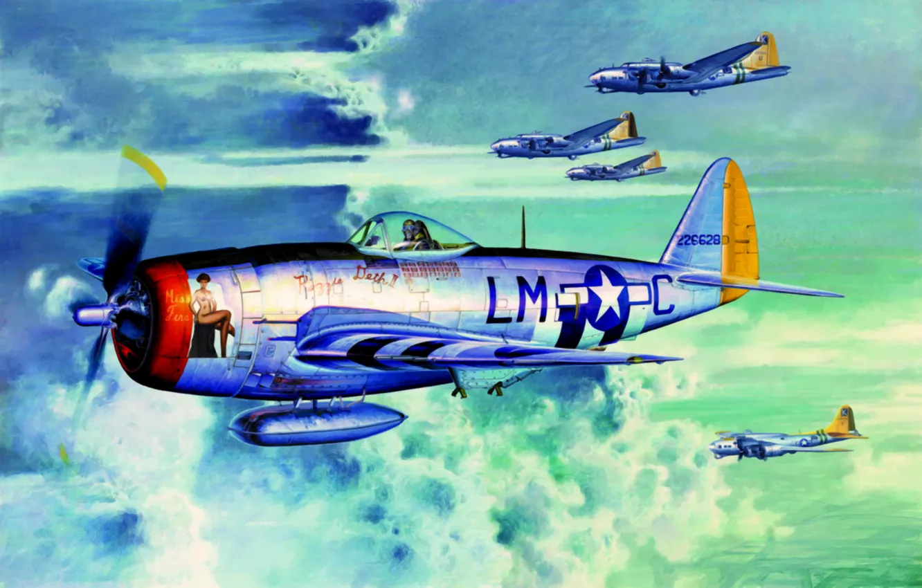 Photo wallpaper fighter, war, art, painting, B-17, ww2, P 47 Thunderbolt