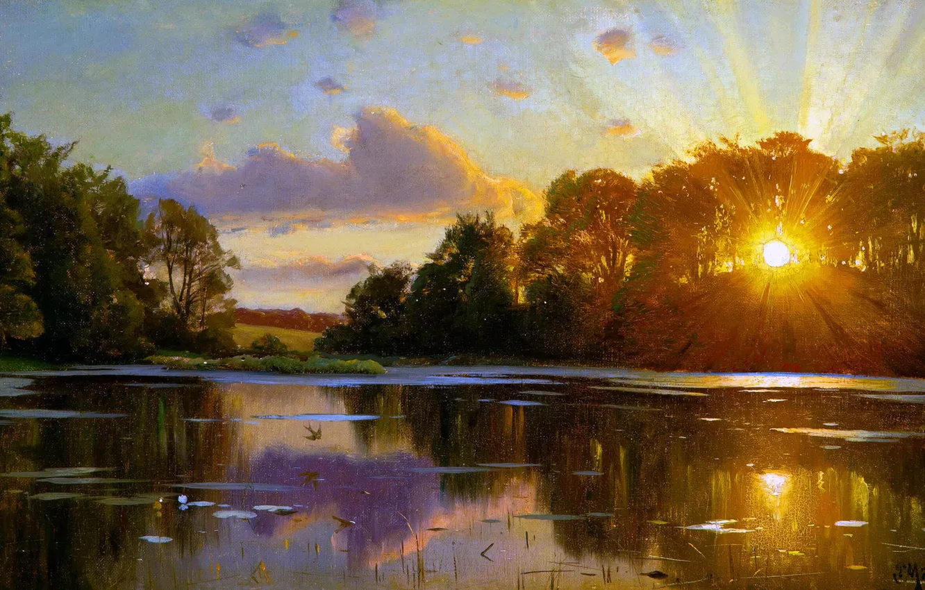 Photo wallpaper Sunset, The sun, Lake, Trees, Picture, Peter Merk Of Menstad, Peder Mørk Mønsted, Danish painter