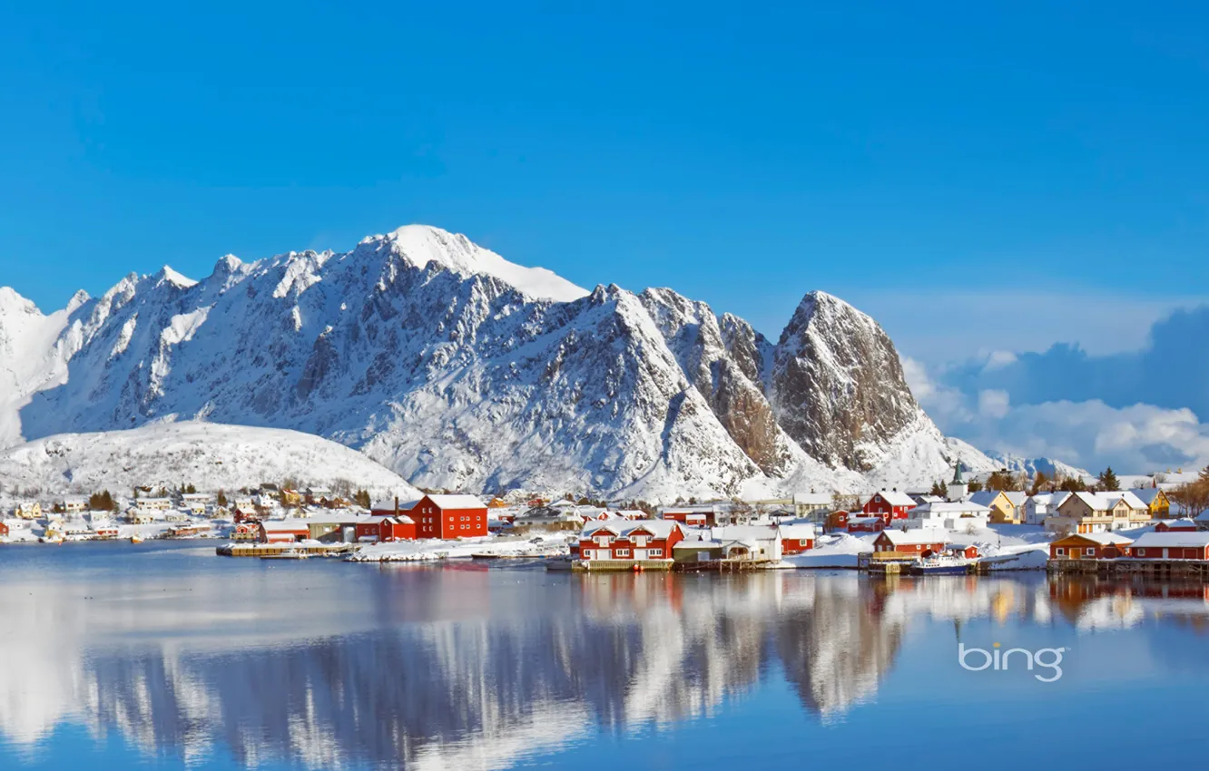 Photo wallpaper winter, sea, the sky, snow, mountains, house, Norway, the village