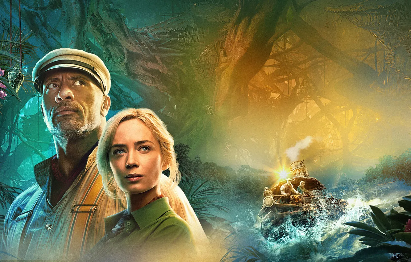 Photo wallpaper river, jungle, fantasy, adventure, poster, Emily Blunt, Emily Blunt, Dwayne Johnson
