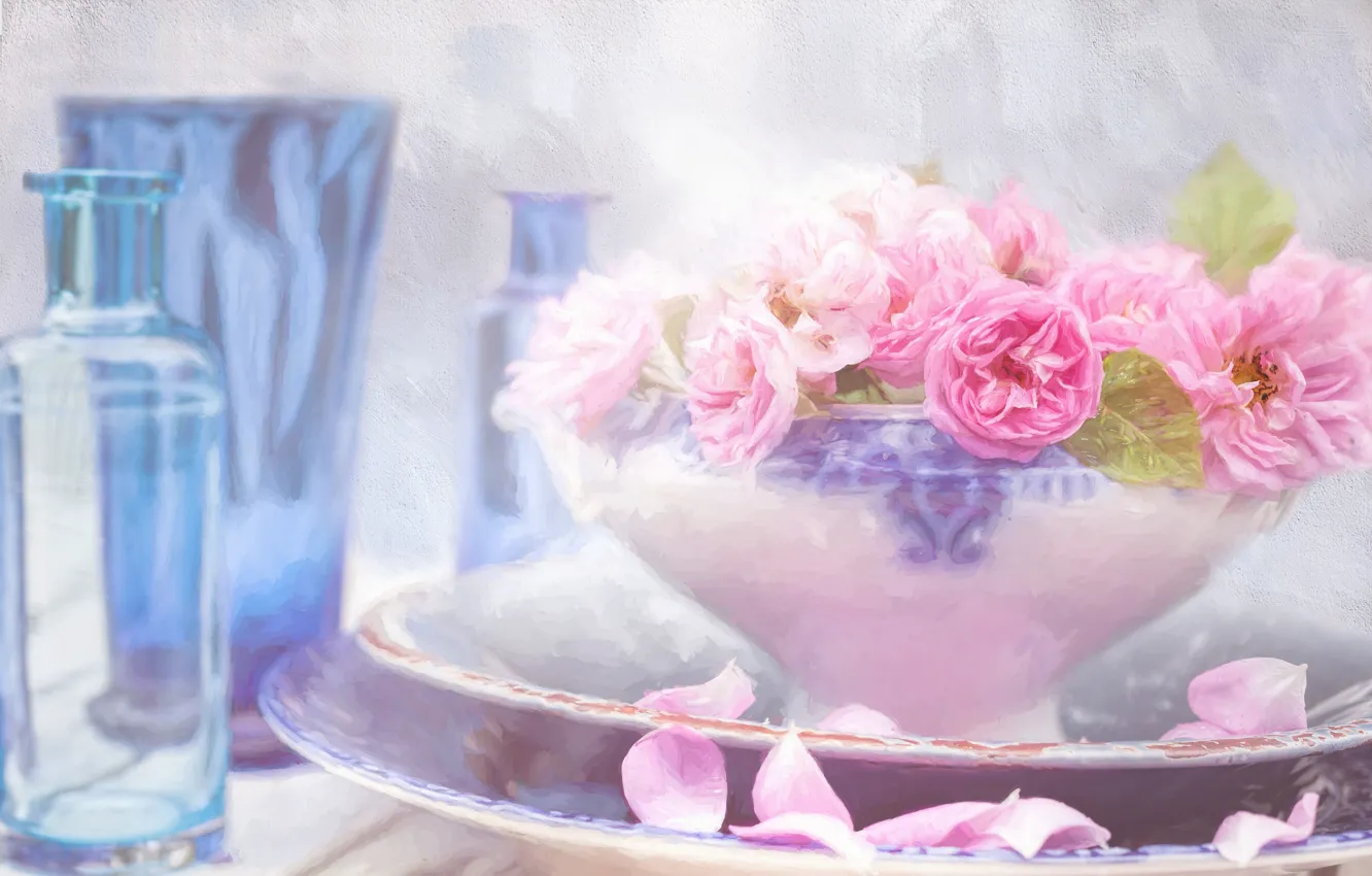 Photo wallpaper roses, treatment, vase, still life, strokes