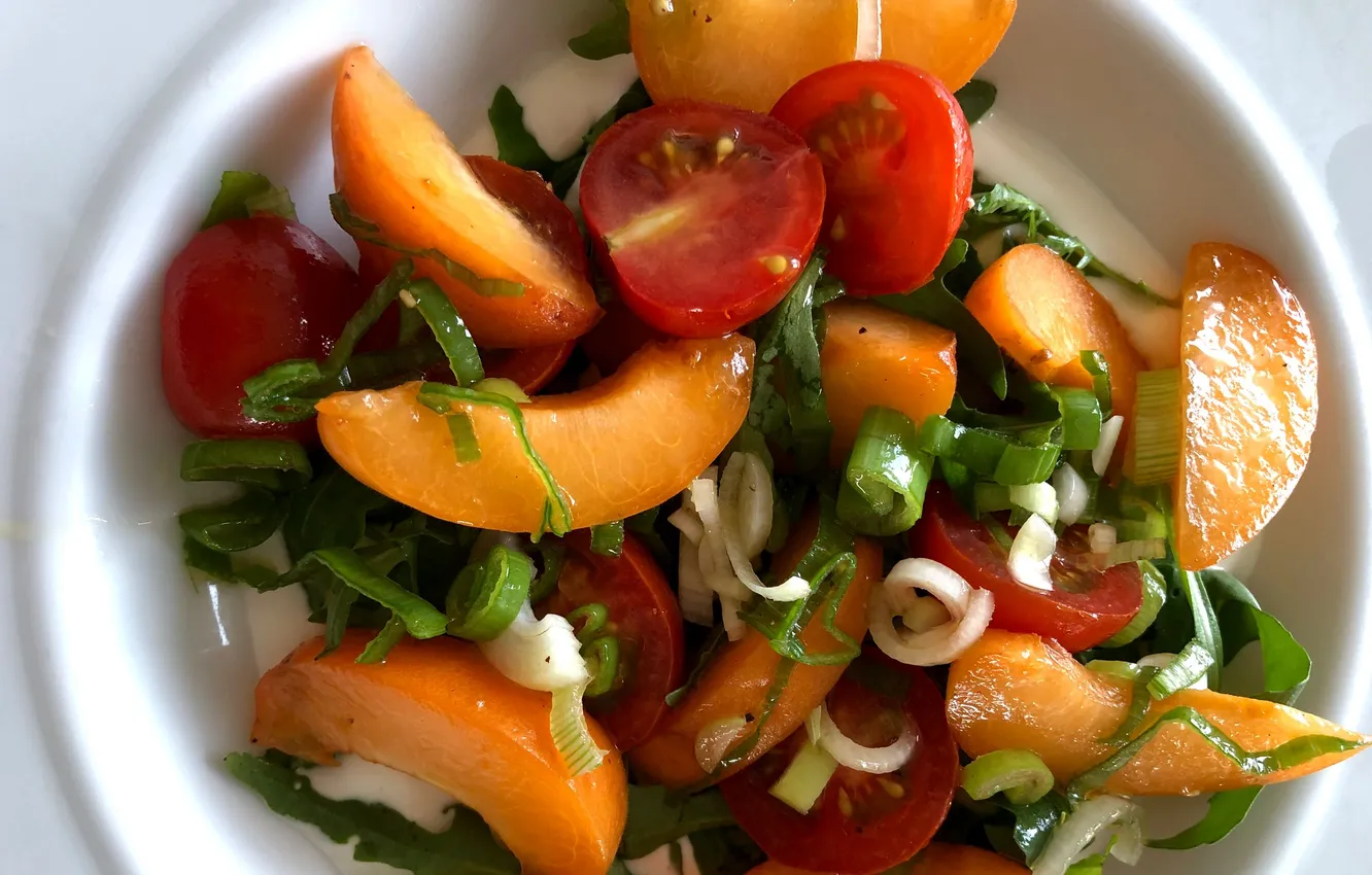 Photo wallpaper bow, apricots, salad, cherry tomatoes