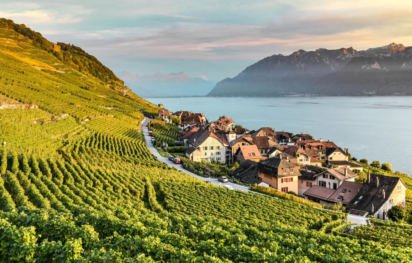 Photo wallpaper lake, home, Switzerland, Alps, the vineyards, Lavaux, Laveau