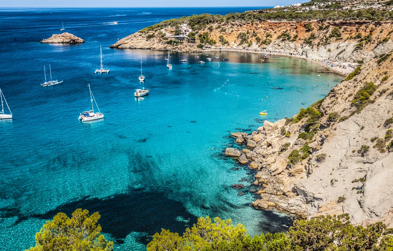 Photo wallpaper sea, trees, rocks, yacht, shrub