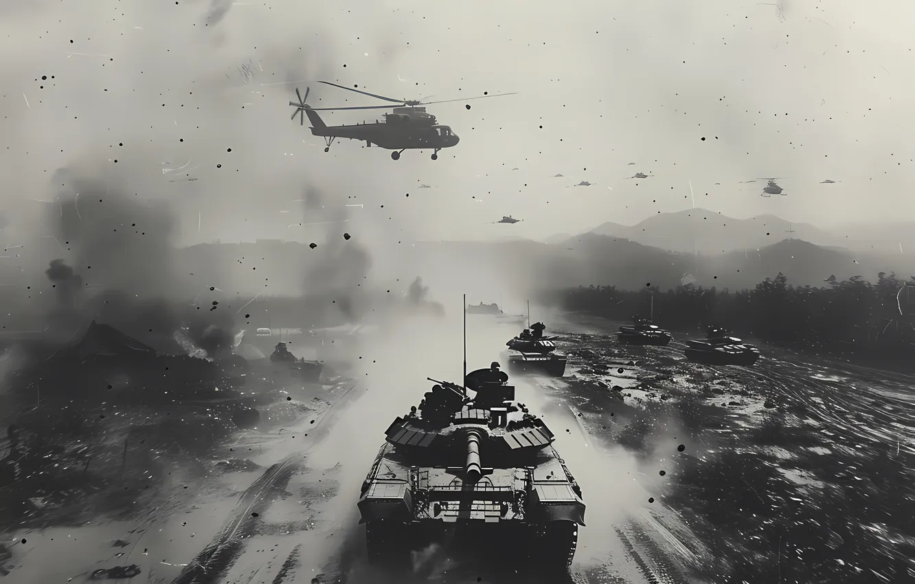 Photo wallpaper retro, smoke, dirt, tank, black and white, helicopter, digital art, AI art