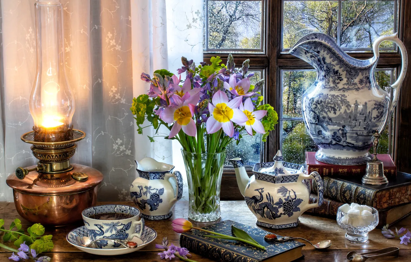 Photo wallpaper flowers, style, tea, books, lamp, bouquet, kettle, window