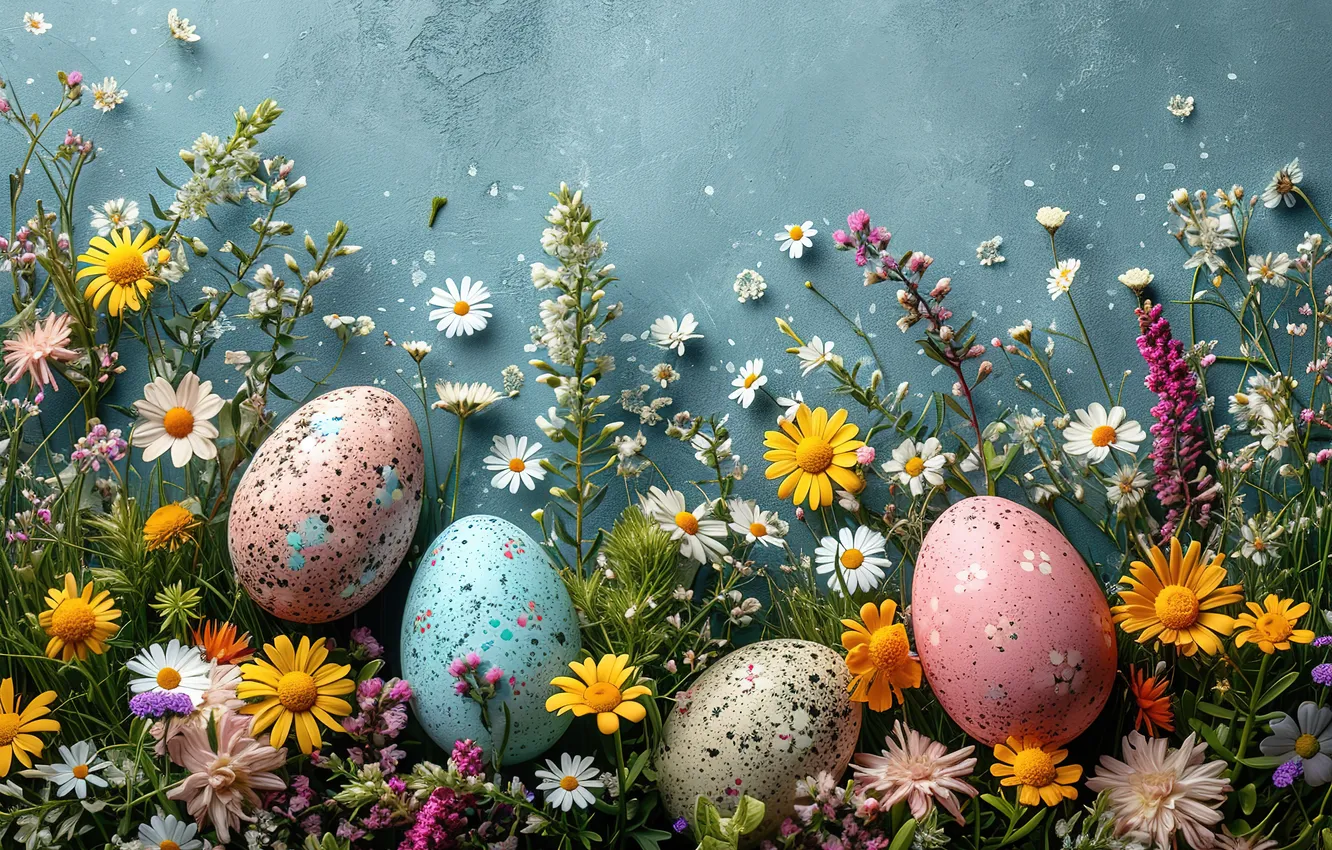 Photo wallpaper flowers, eggs, spring, colorful, Easter, happy, flowers, spring