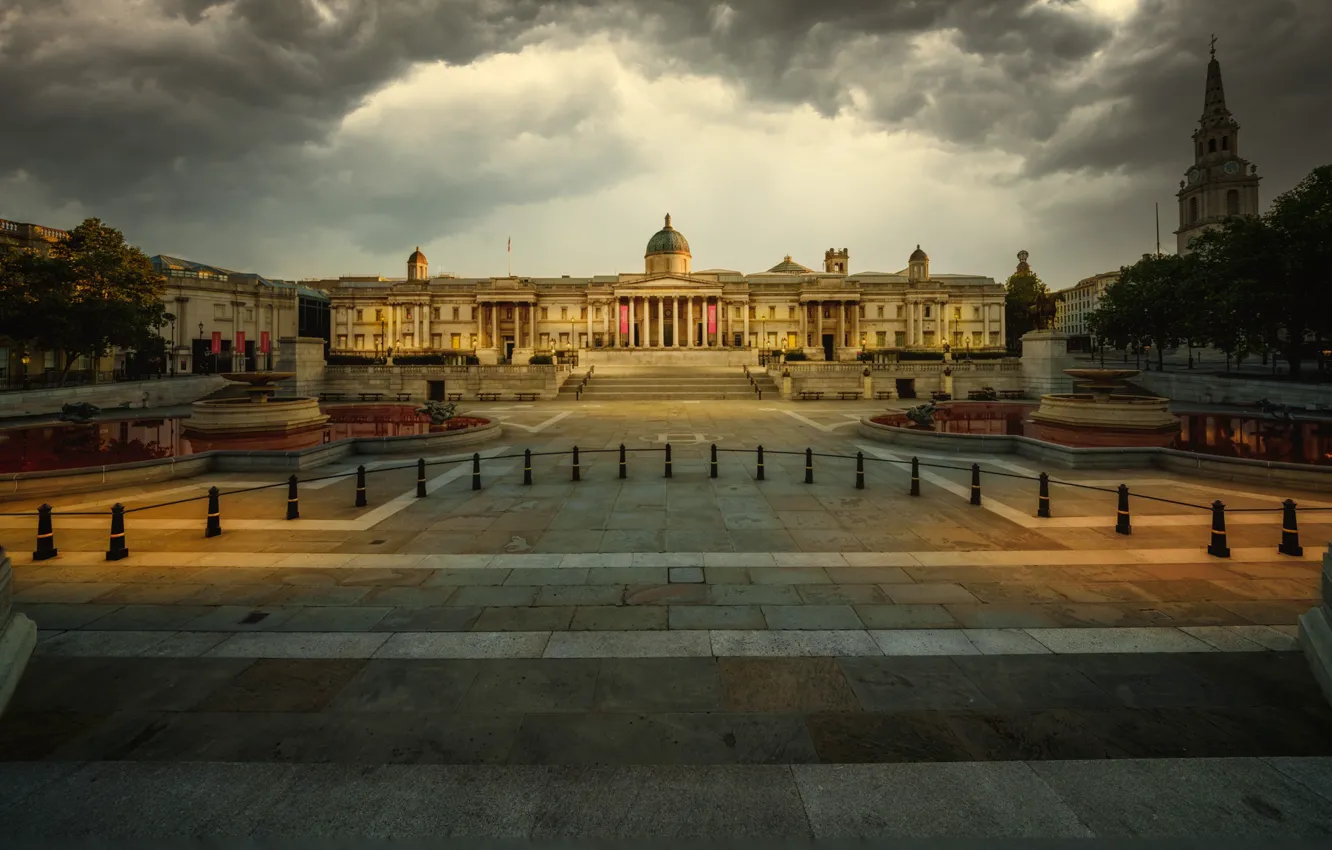 Photo wallpaper clouds, the city, England, London, building, UK, Museum, fountains