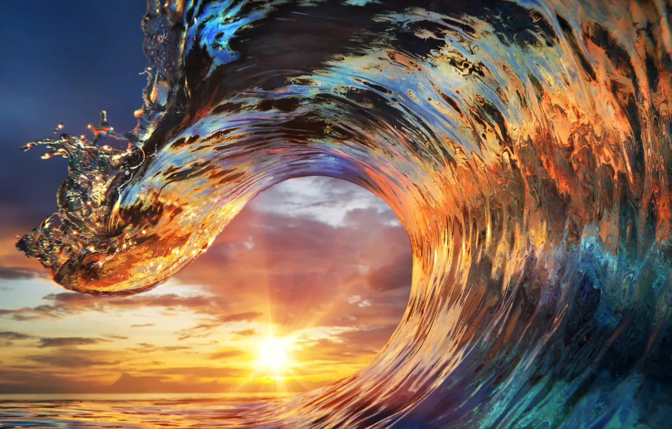 Photo wallpaper ocean, sunset, water, wave