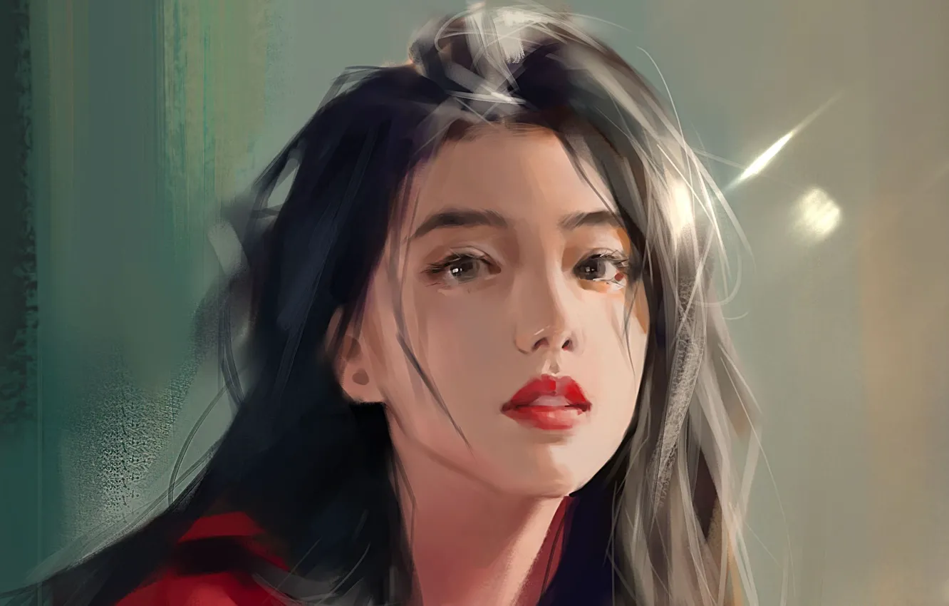 Photo wallpaper long hair, women, face, asian, artwork, simple background, looking at viewer