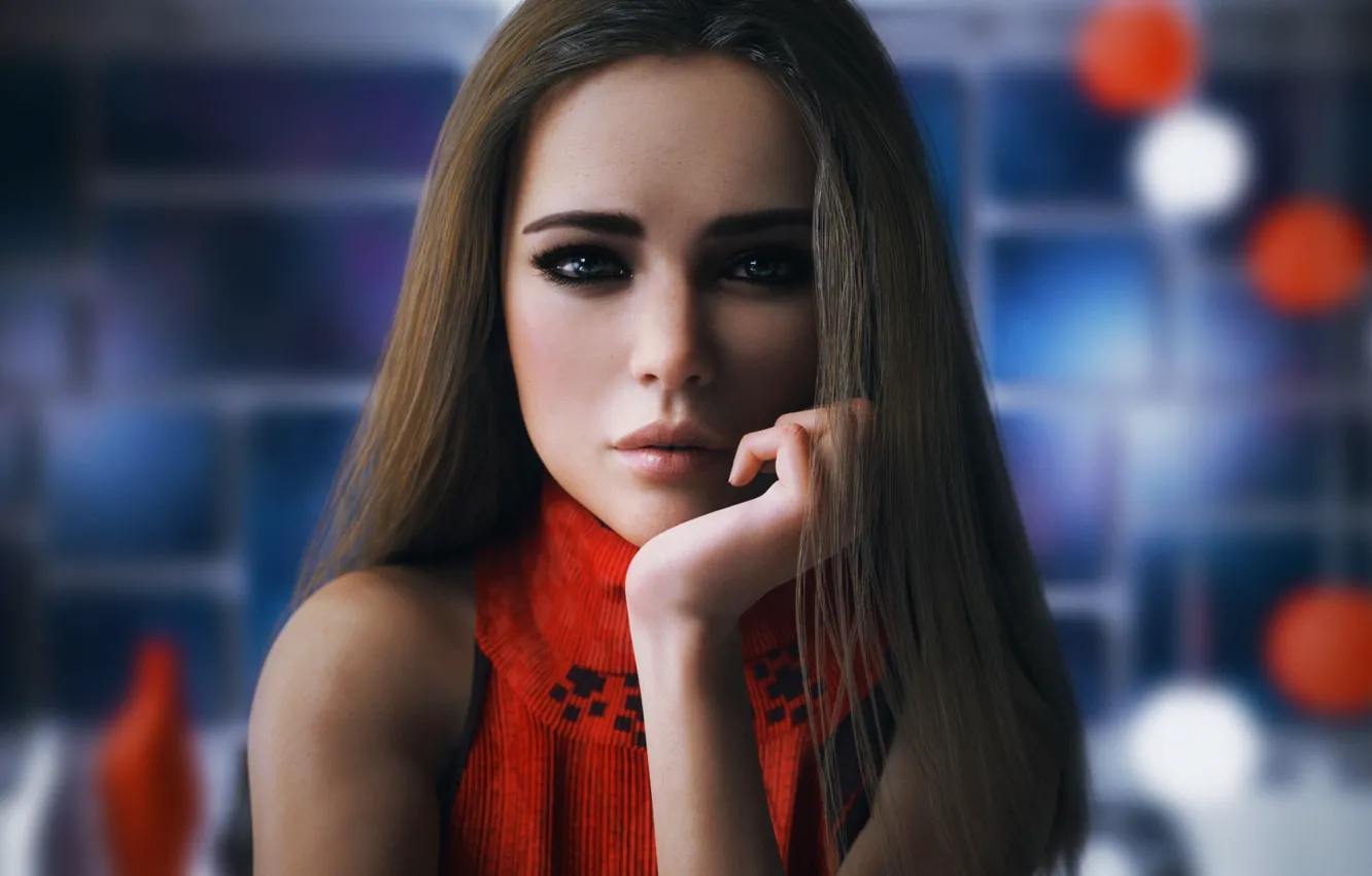 Photo wallpaper look, girl, face, rendering, graphics, lips, graphics, girl