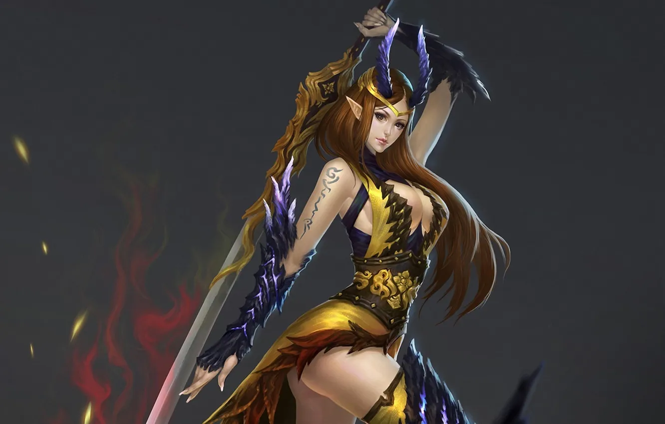 Photo wallpaper girl, weapons, background, sword, tattoo, art, elf