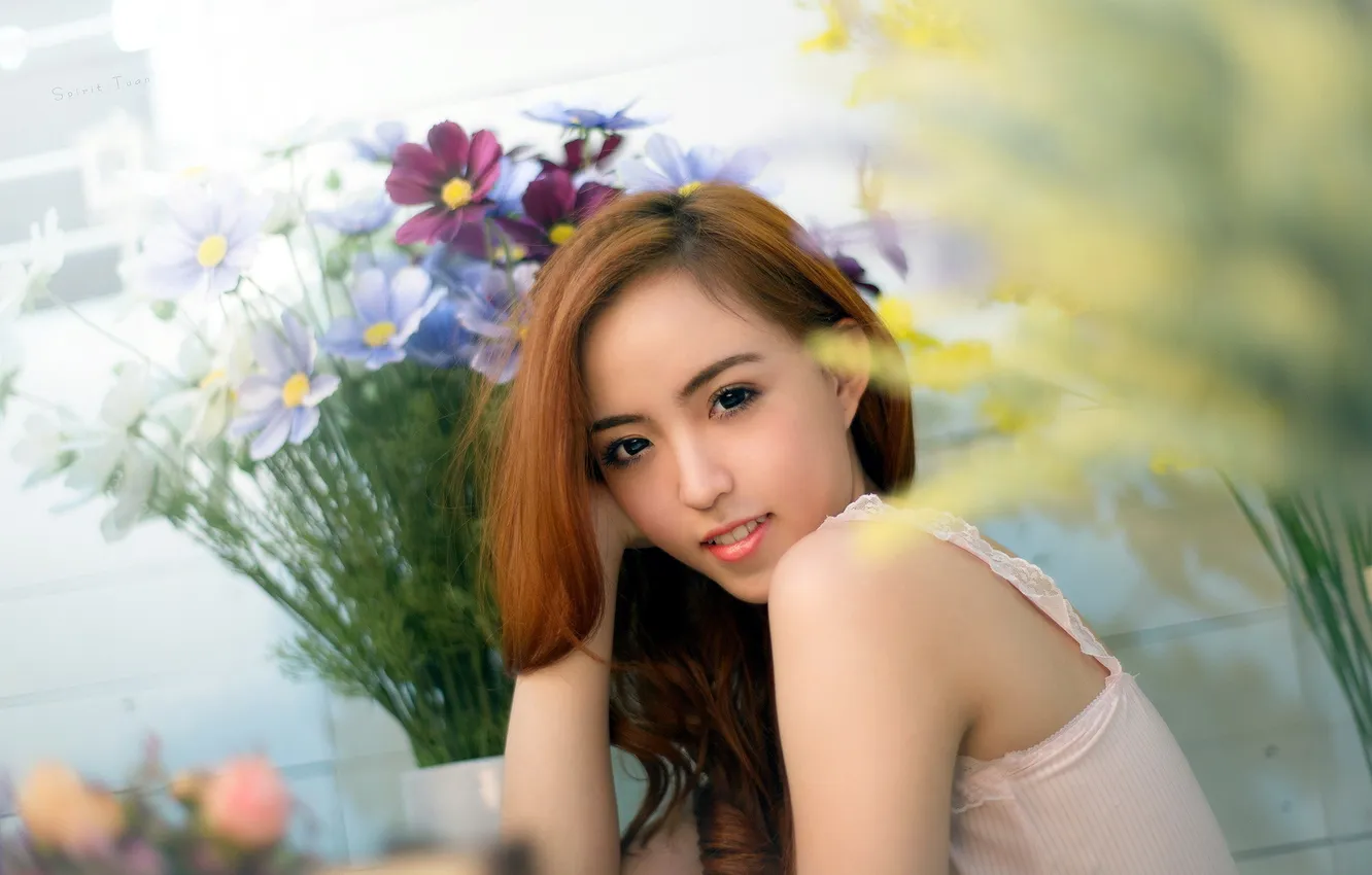 Photo wallpaper girl, flowers, Asian