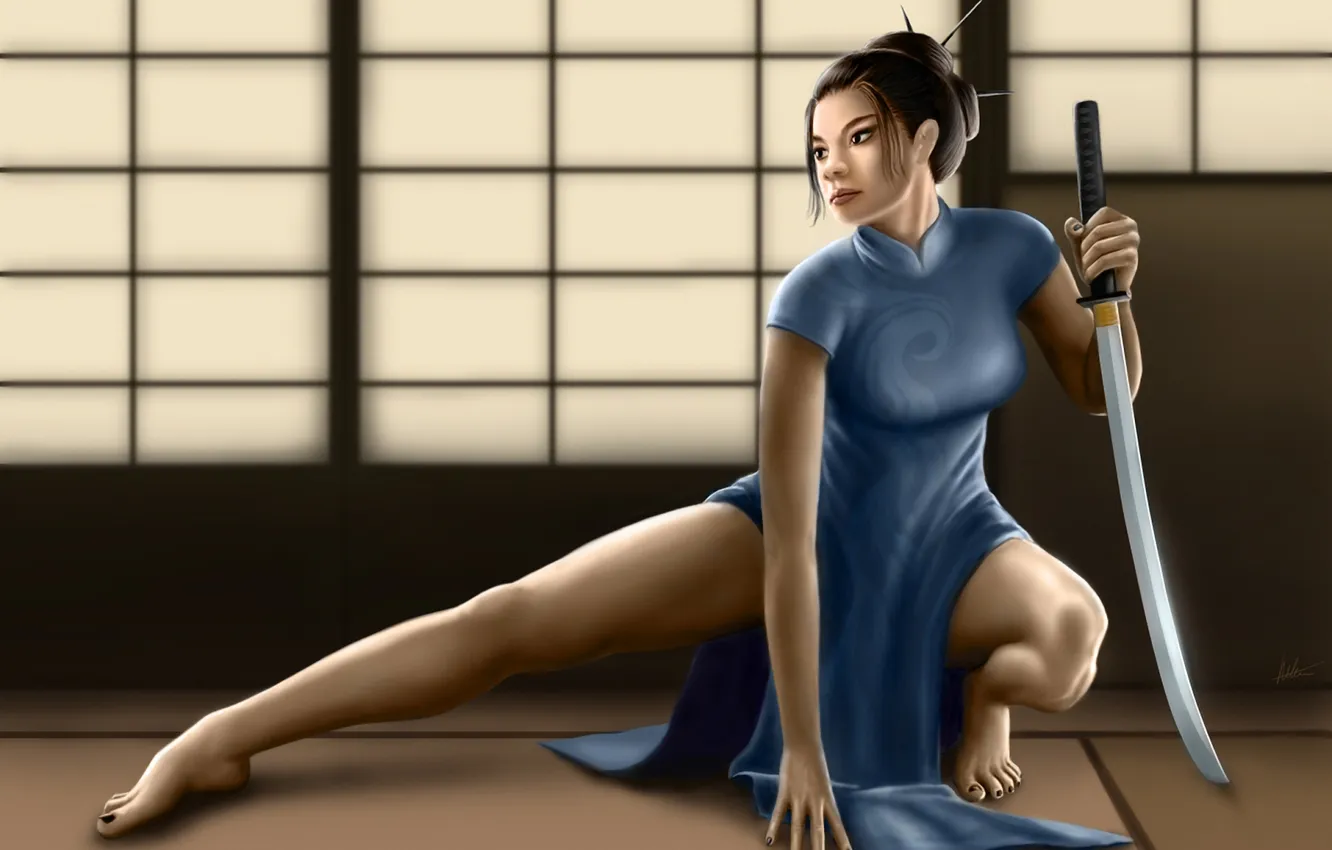 Photo wallpaper girl, sword, dress, Asian, barrette, stand, qipao