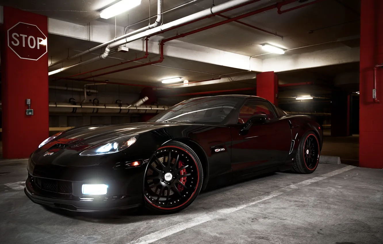 Photo wallpaper black, lights, Z06, Corvette, Chevrolet, Parking, STOP, Chevrolet