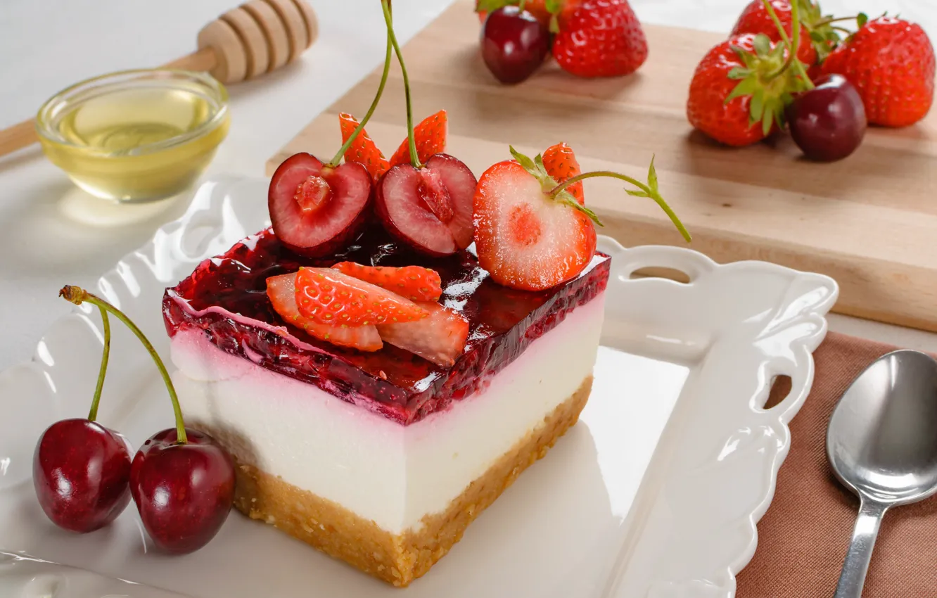 Photo wallpaper berries, strawberry, cake, cherry, cheesecake