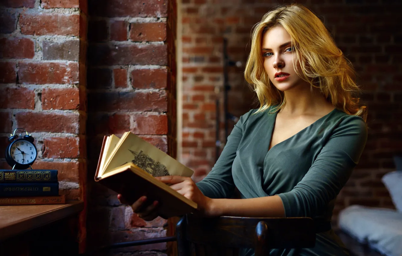 Photo wallpaper look, pose, wall, model, watch, bed, portrait, brick