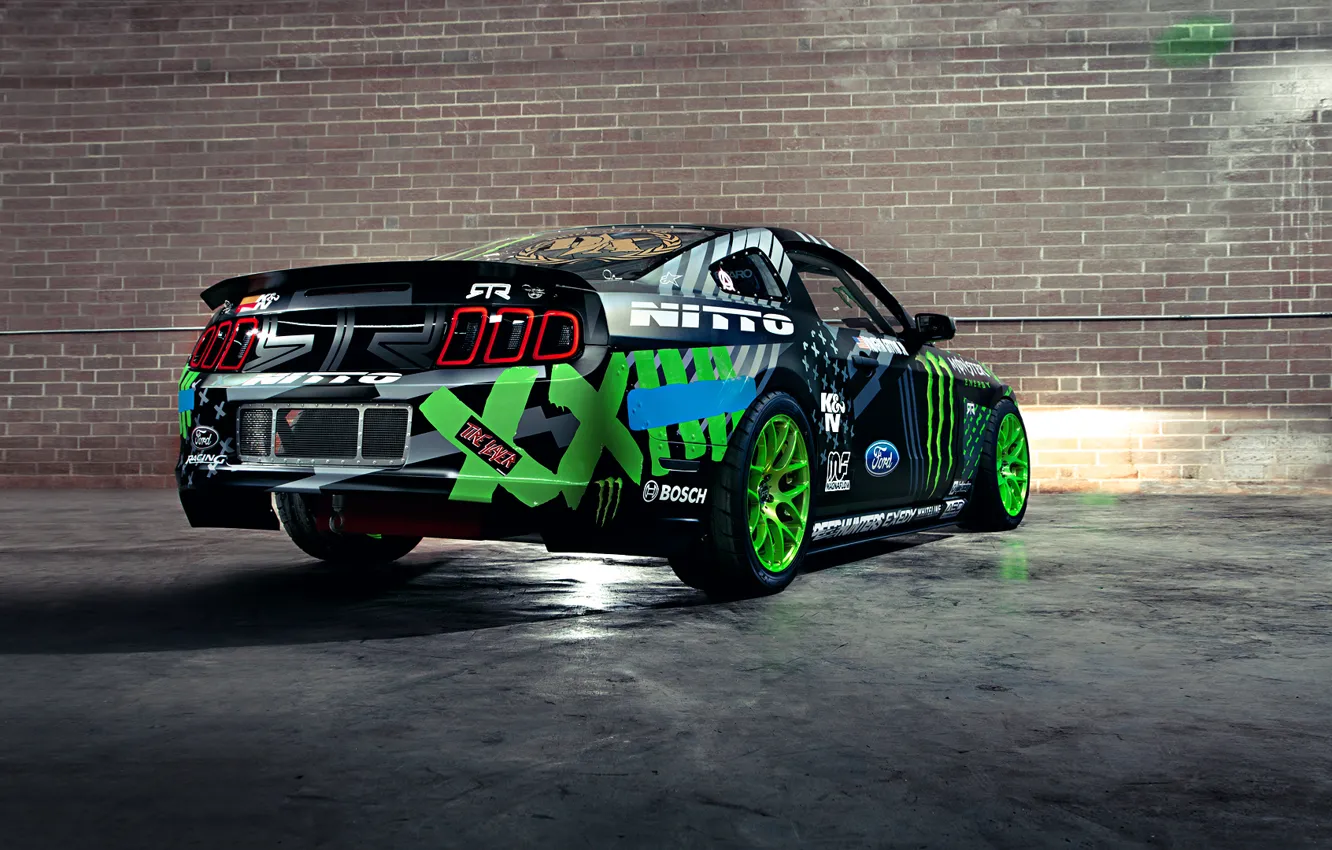 Photo wallpaper Mustang, Ford, Drift, Wall, Green, Black, RTR, Team