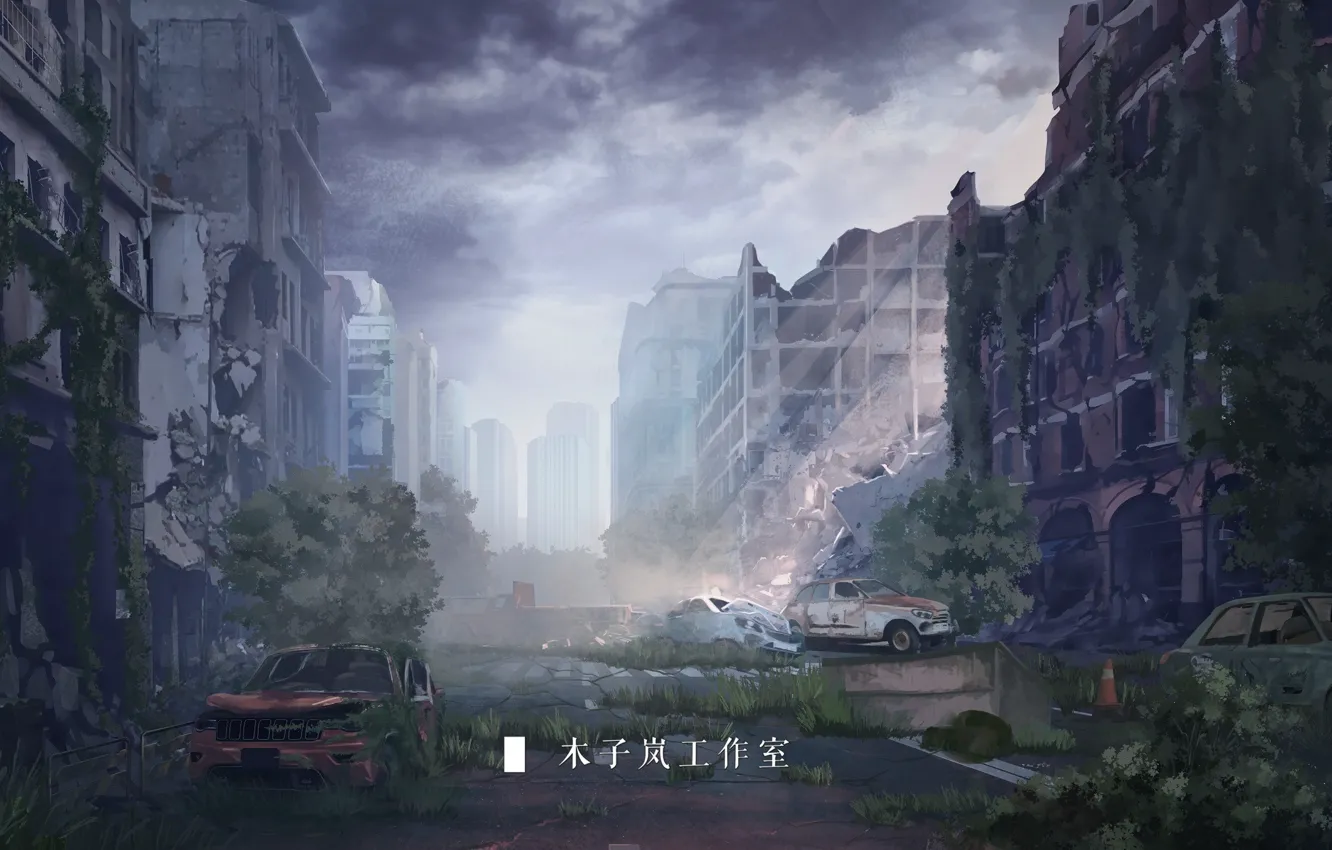 Photo wallpaper auto, trees, the city, ruins, there are no people