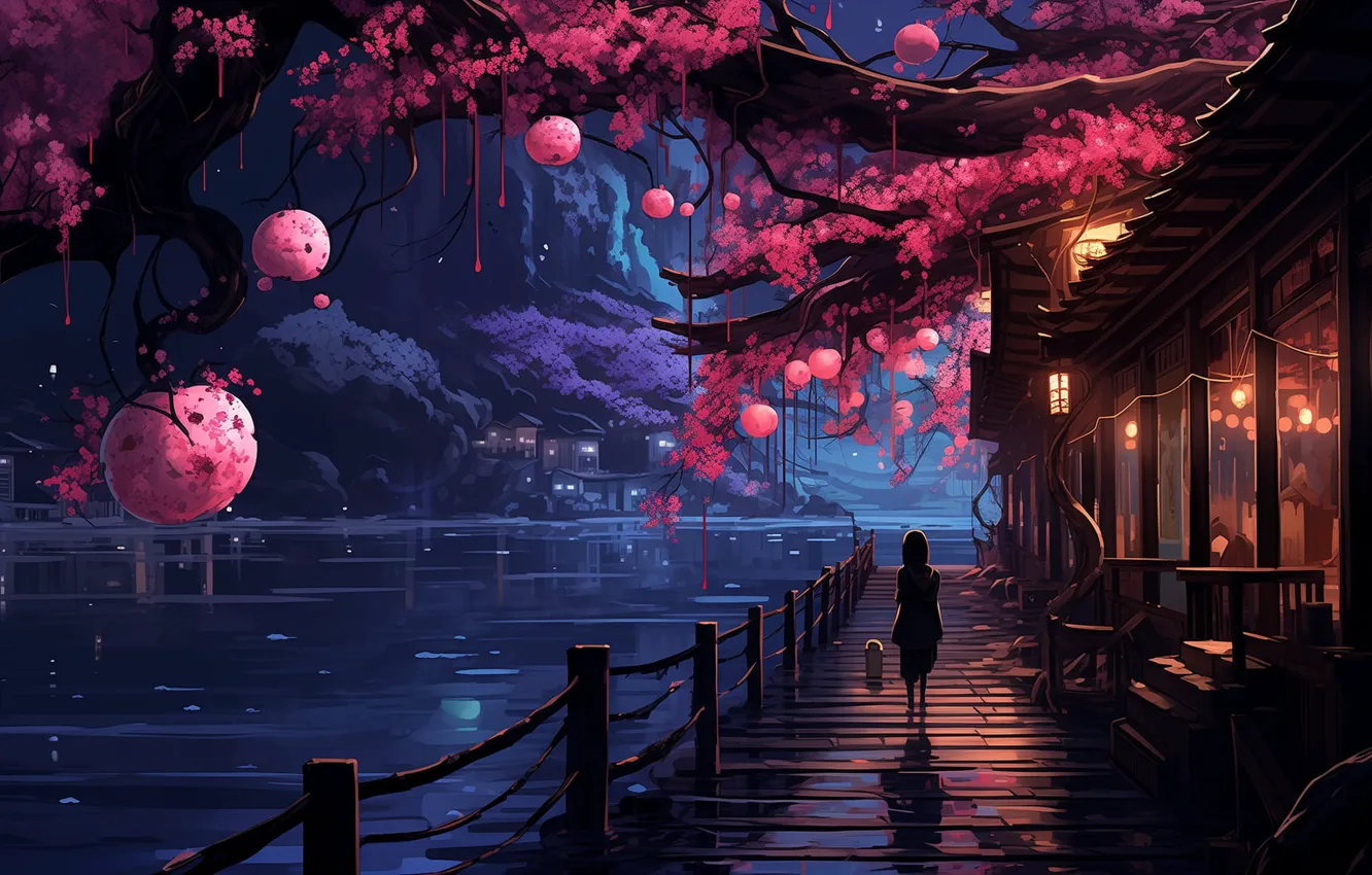 Photo wallpaper Japan, water, night, flowers, tranquility, magnolia, pavilion, warm light