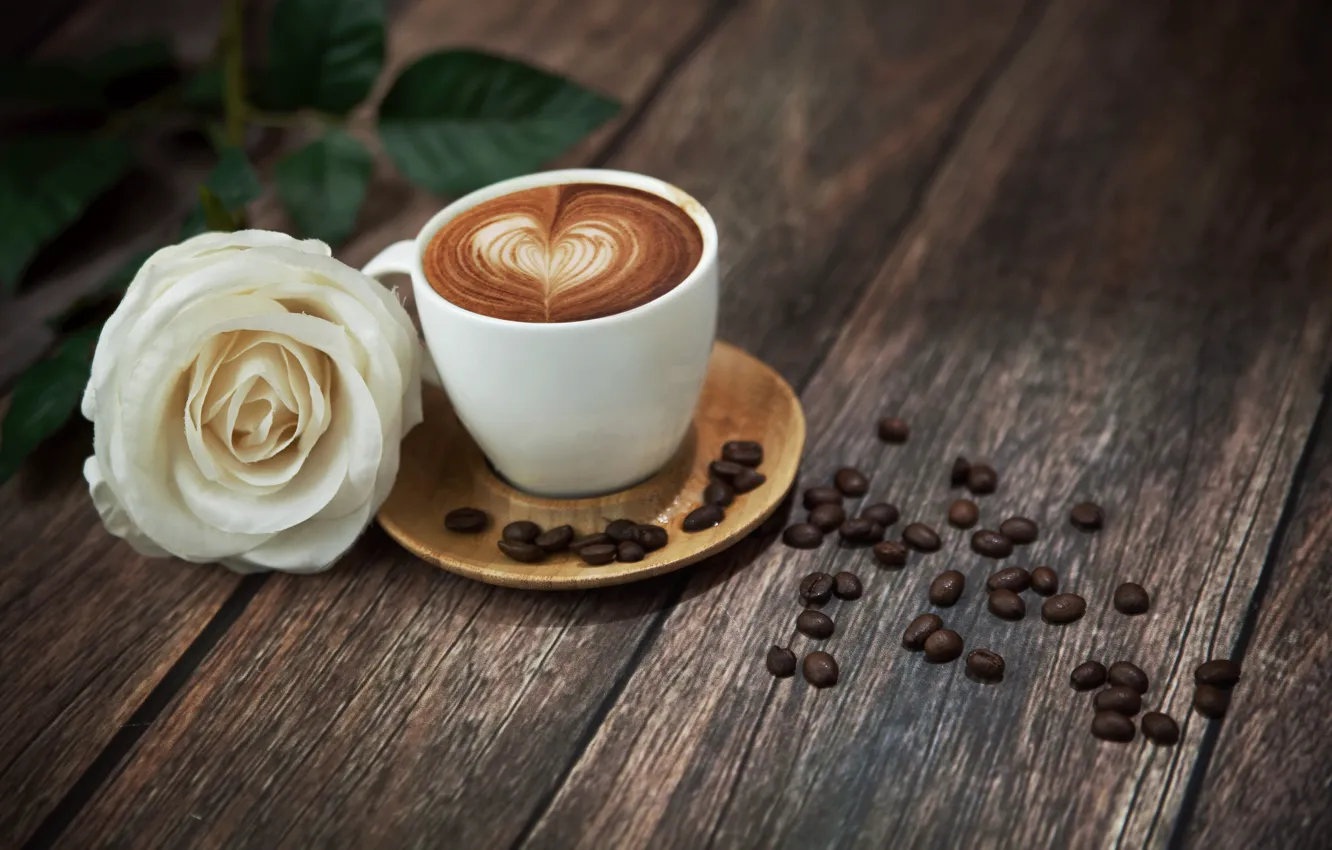 Photo wallpaper foam, flowers, table, coffee, roses, mug, hearts, drink