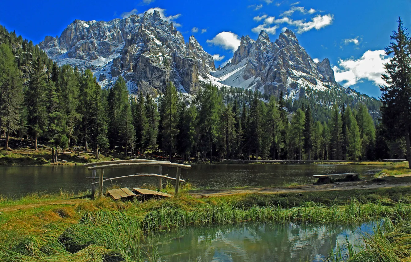 Photo wallpaper forest, mountains, lake, Italy, the bridge, Italy, The Dolomites, Dolomites