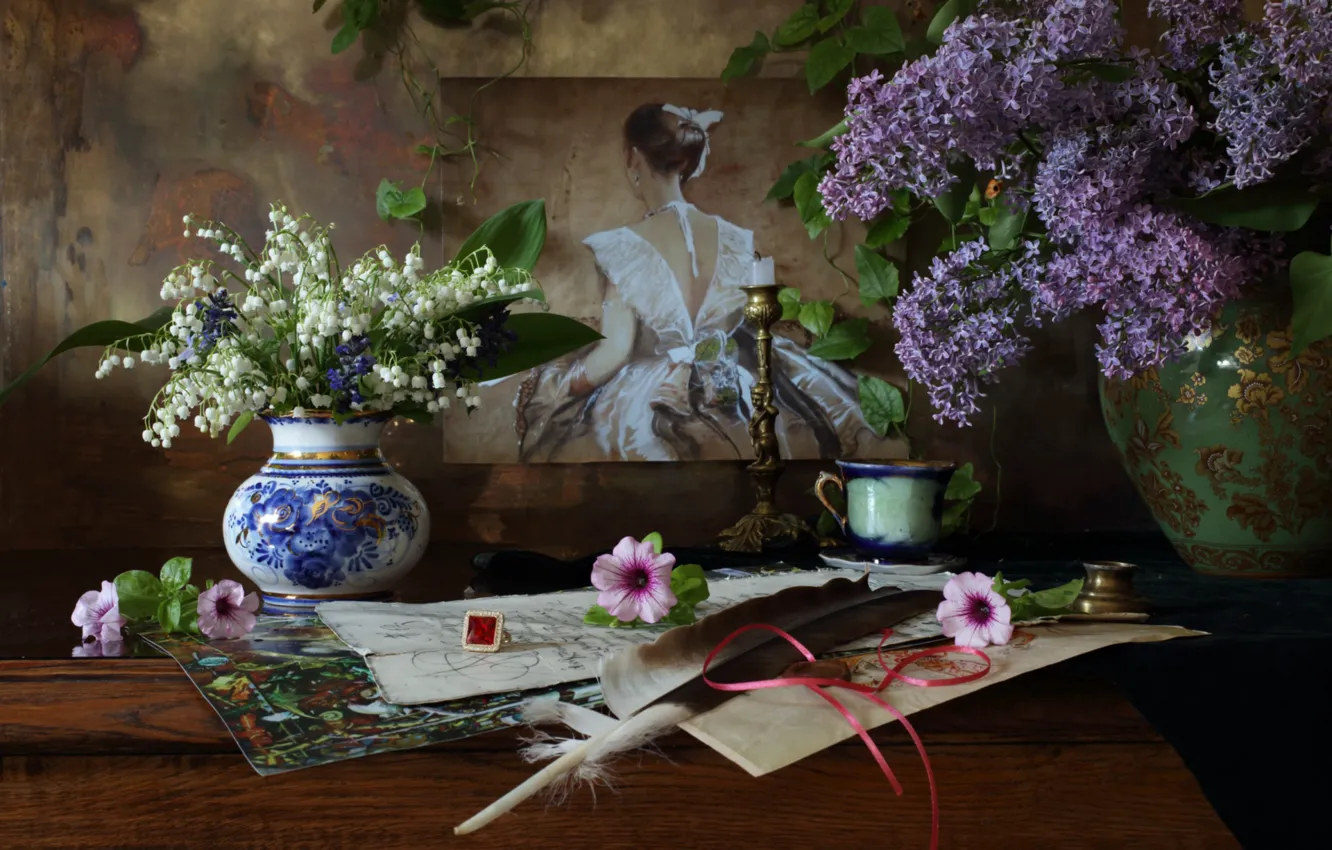 Photo wallpaper picture, feathers, lilies of the valley, lilac, Petunia