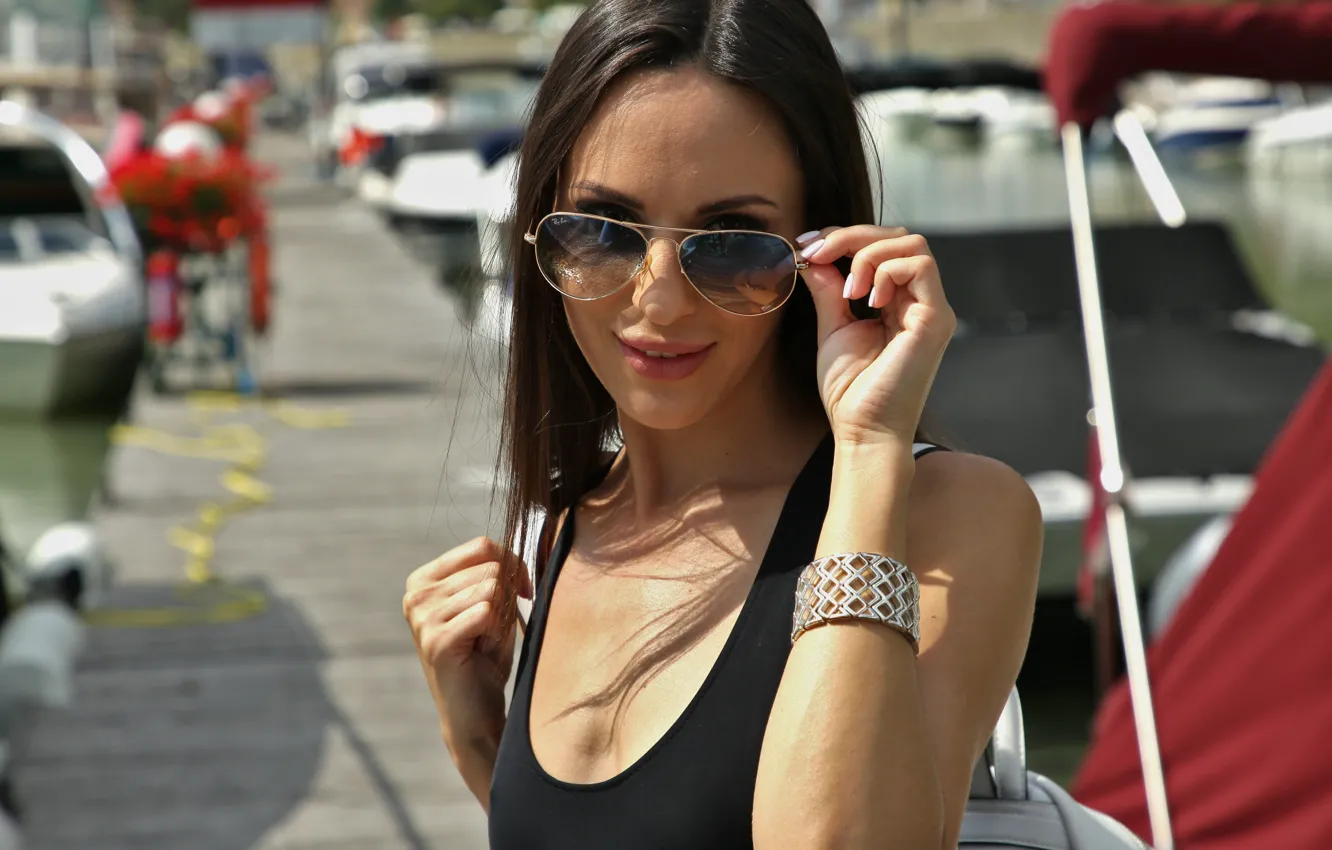 Photo wallpaper bicycle, sea, smile, water, lake, model, brunette, boats