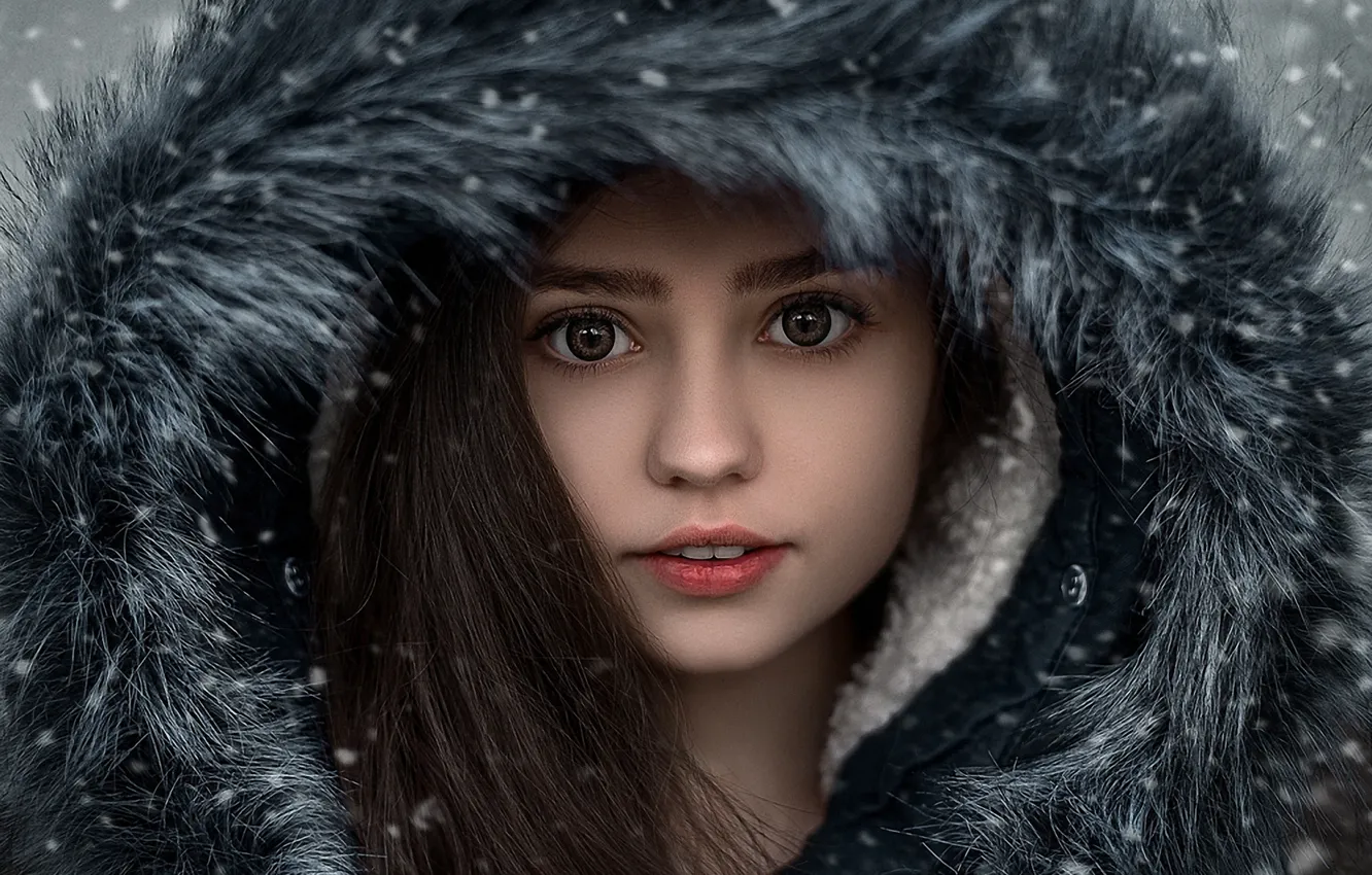 Photo wallpaper girl, face, hood, coat