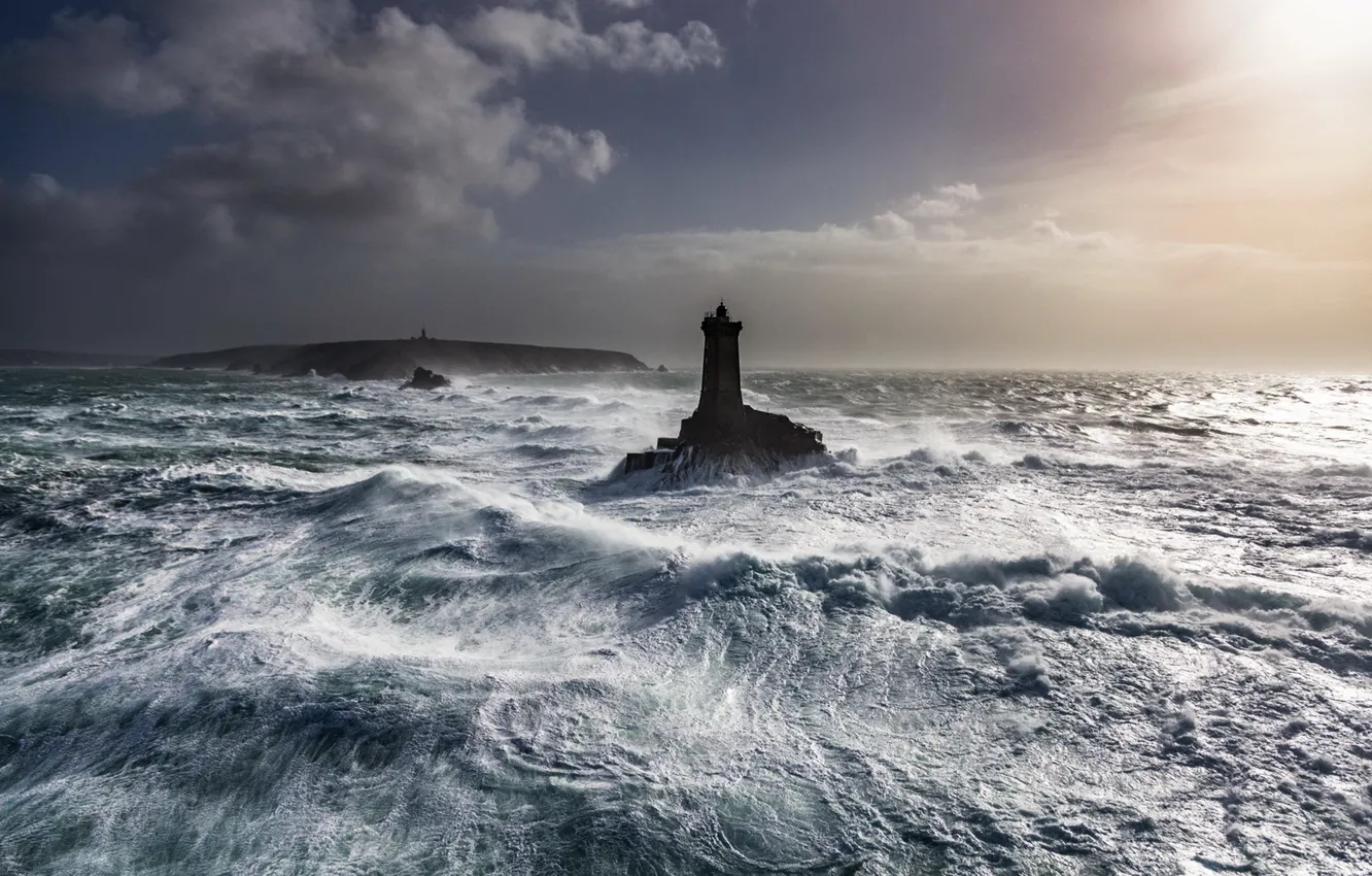 Photo wallpaper sea, wave, lighthouse