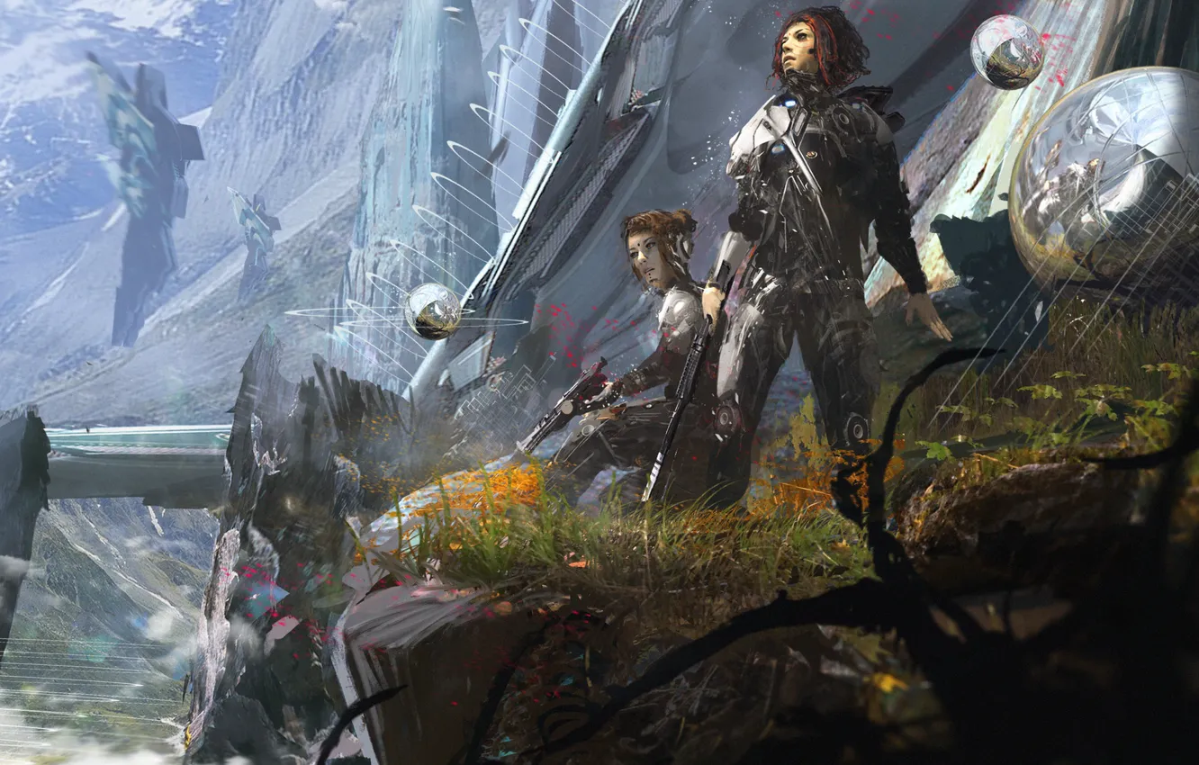 Photo wallpaper mountains, weapons, vegetation, woman, Pit part 1