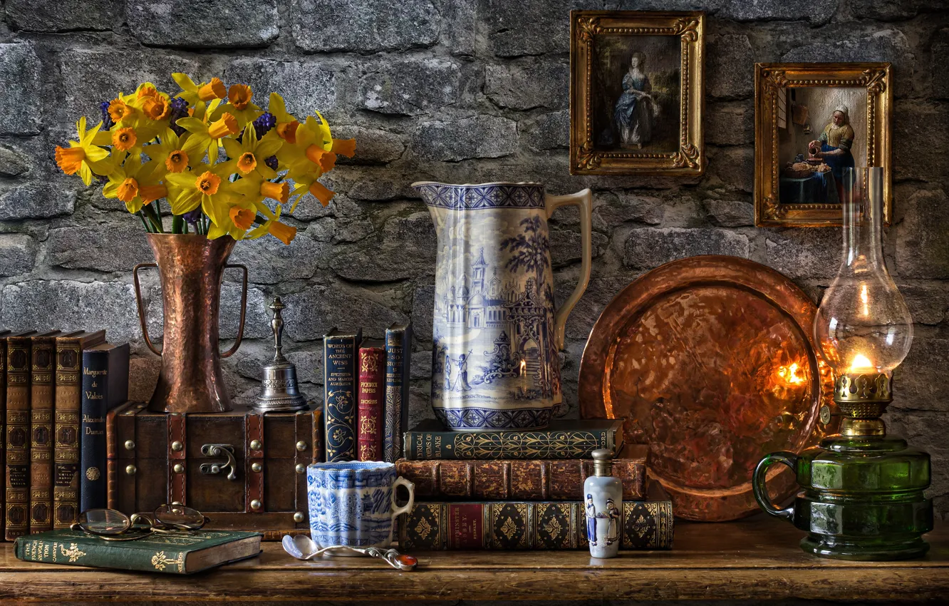 Photo wallpaper bouquet, picture, book, vase, tray, kerosene lamp