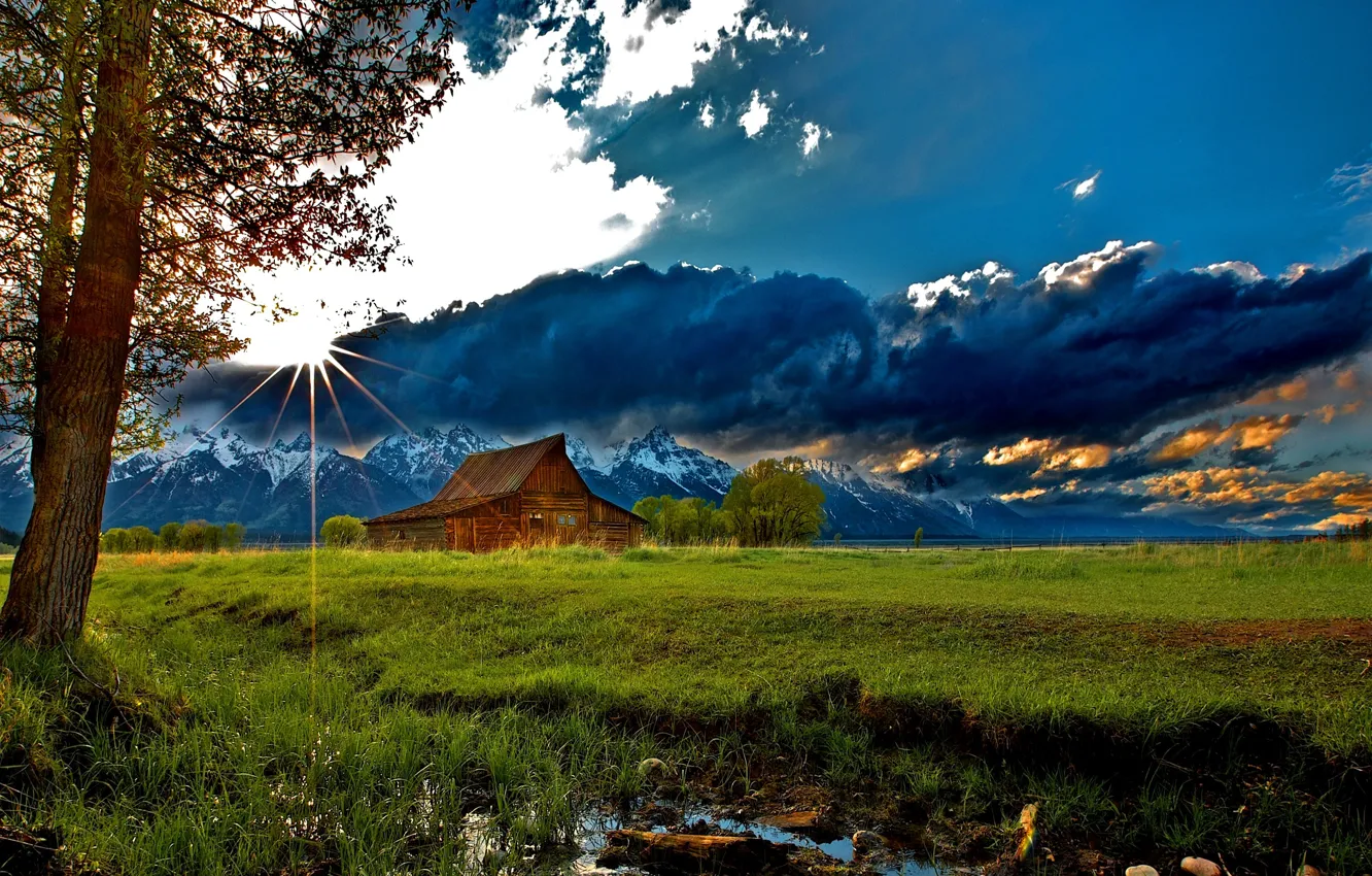 Photo wallpaper grass, clouds, snow, trees, landscape, mountains, nature, house