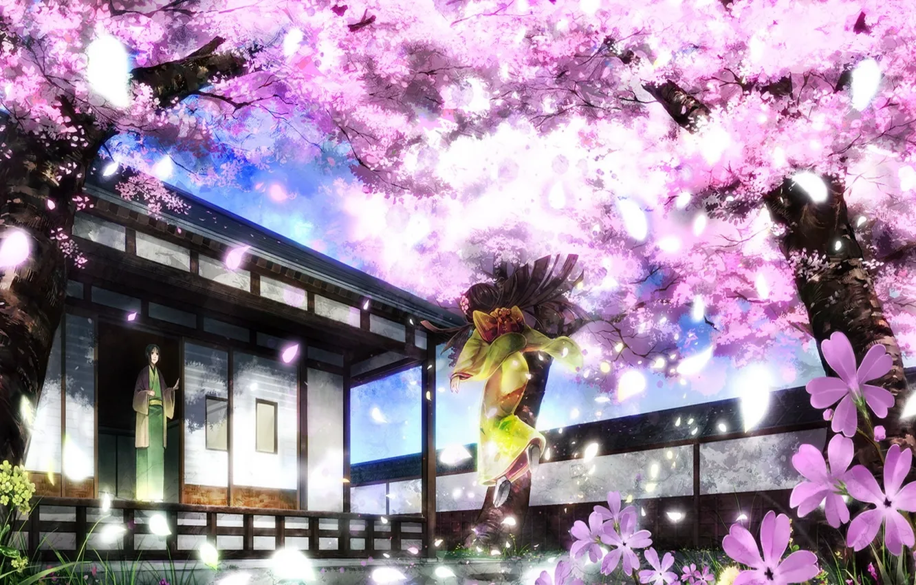 Photo wallpaper petals, garden, Sakura, kimono, two, flowering, veranda