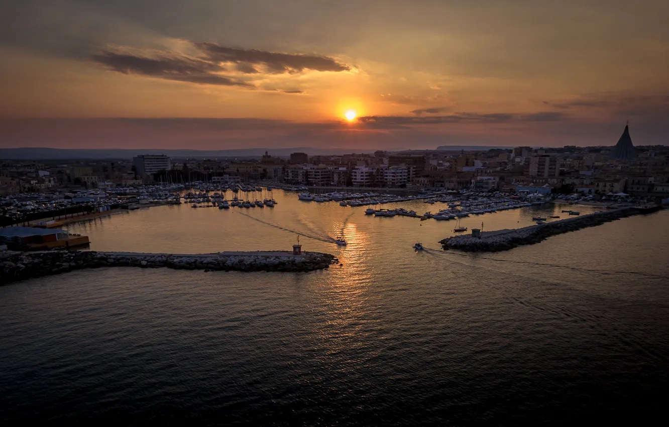 Photo wallpaper sunset, home, port, Italy, panorama, harbour, Sicily, Siracusa