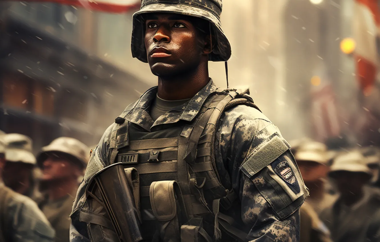 Photo wallpaper look, flag, soldiers, machine, male, USA, equipment, helmet