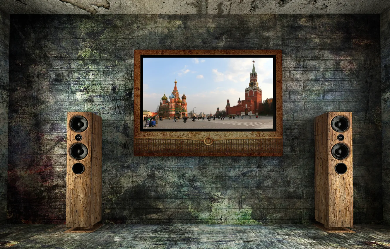 Photo wallpaper two, TV, masonry, speakers, brick, bloom, Old.room