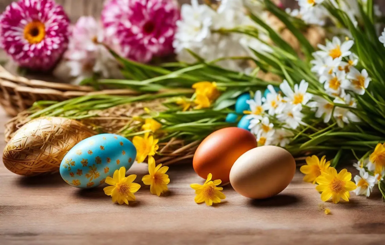 Photo wallpaper flowers, eggs, spring, colorful, Easter, flowers, spring, Easter
