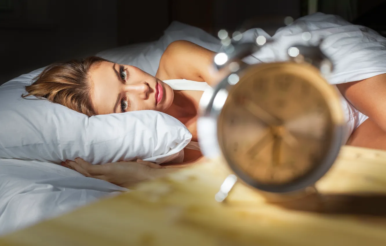 Photo wallpaper woman, beautiful, bed, insomnia, alarm clock