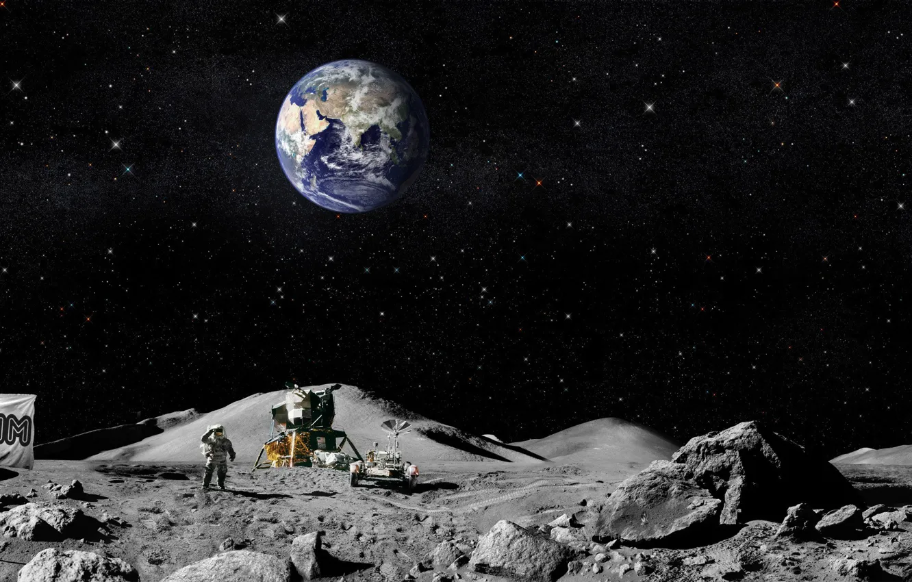 Photo wallpaper earth, the moon, flag, Americans, The astronauts