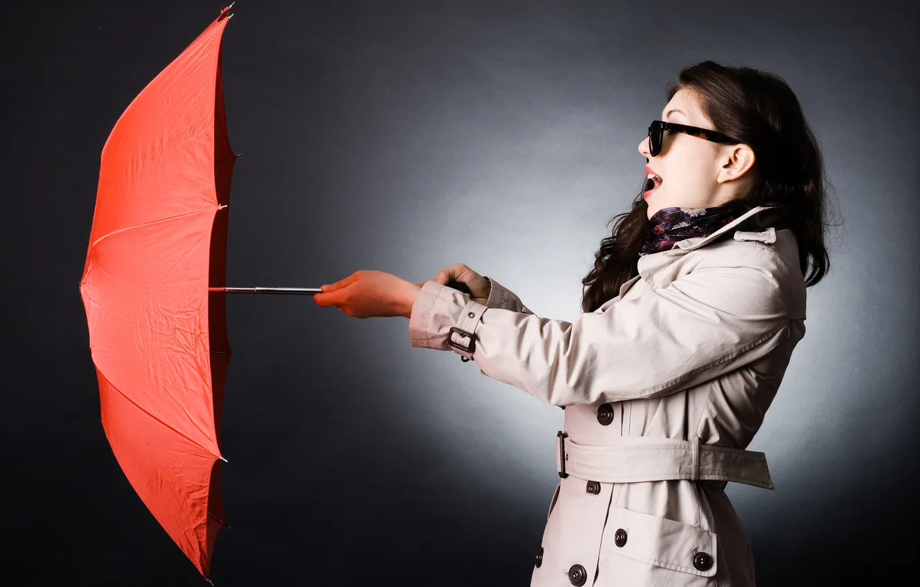 Photo wallpaper girl, umbrella, brown hair, coat, curls, sunglasses