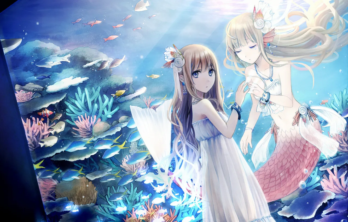 Photo wallpaper mermaid, anime, tears, girl, separation, sisters
